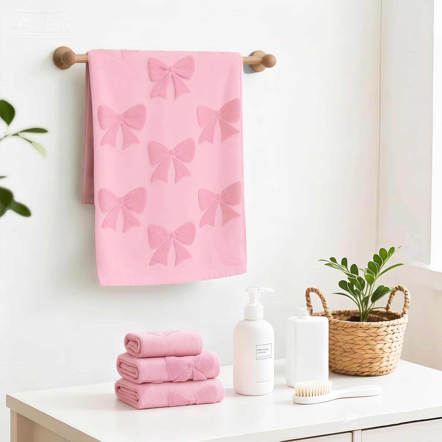 NZNDB 4 Pack Cotton Towel Set, Pink Soft Bathroom Bow Towel Set, Contains 2 Hand Towels 14x30in & 2 Wash Coths 14x14in, Highly Absorbent & Lightweight, Preppy Bath Decor Wedding Gift