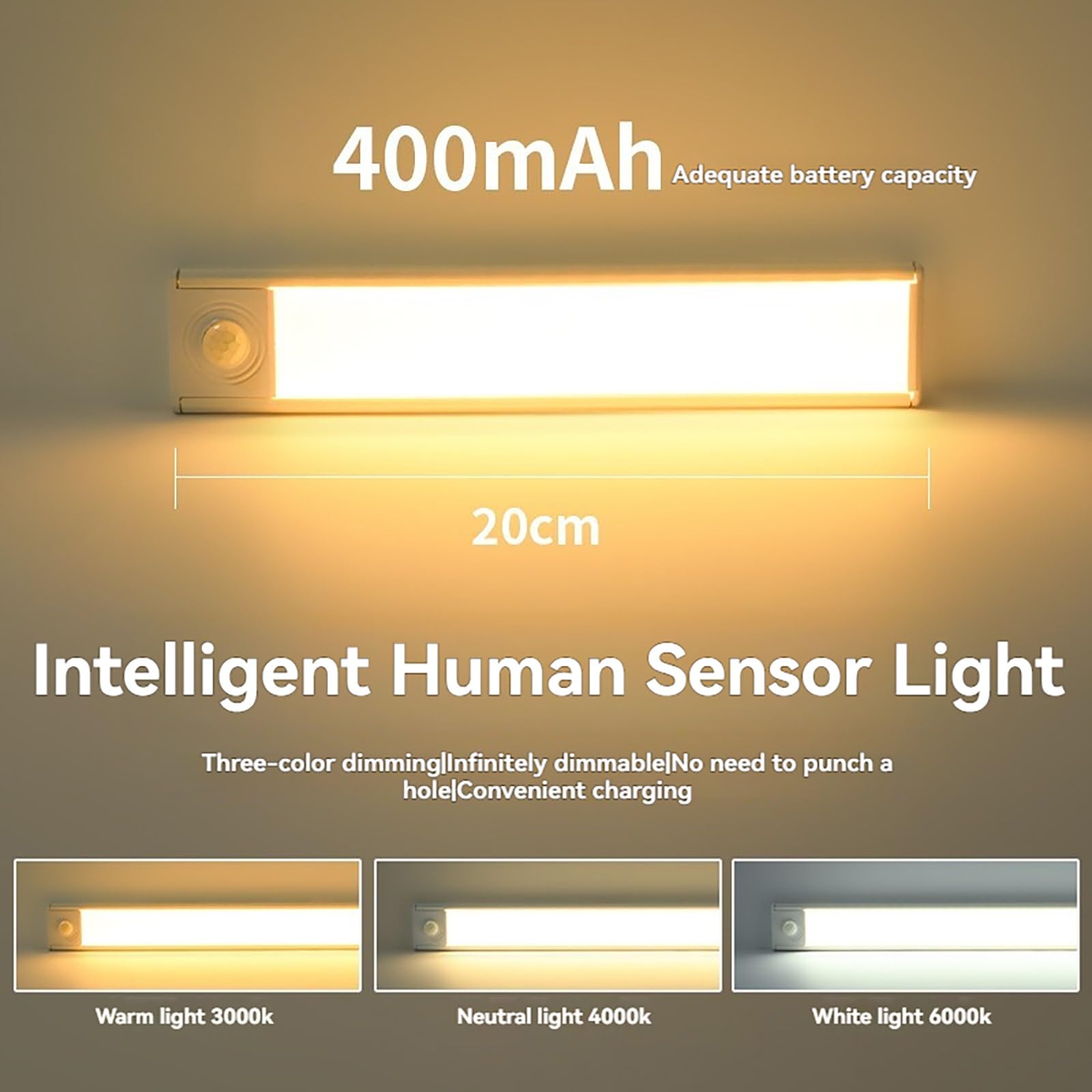 Tira De Luz LED con Sensor De Movimiento Ultrafino: Luz Recargable For Armario con 3 Temperaturas De Color (3000 K/4000 K/6000 K), Encendido Y Apagado Automático(80cm)