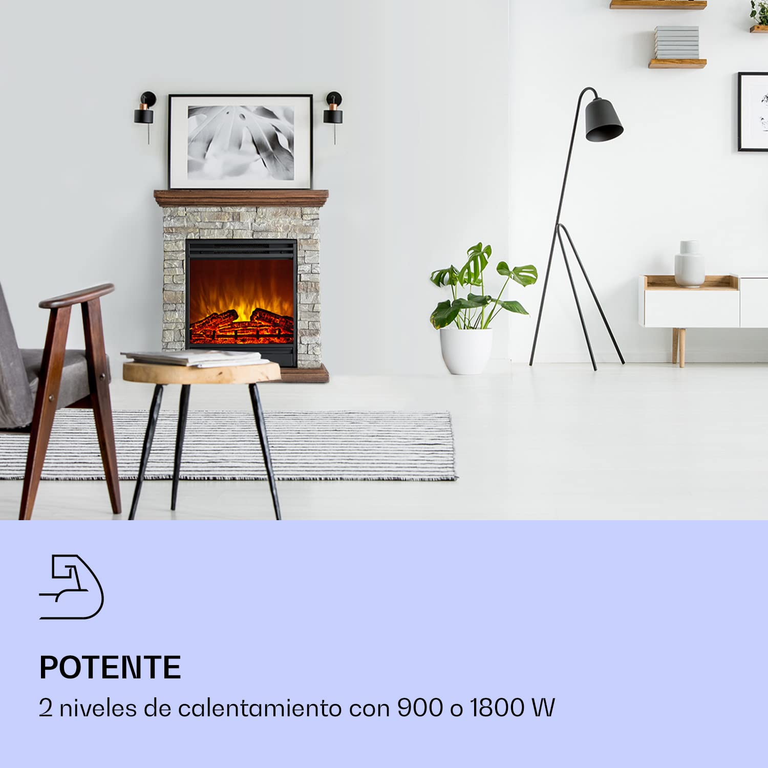 Klarstein Chimenea Electrica Bajo Consumo Pared, Estufa sin Leña de Interior, Chimeneas Electricas Decorativas 1800W, Llama LED, Chimenea Decorativa con Mando, Temporizador y Efecto Real Troncos
