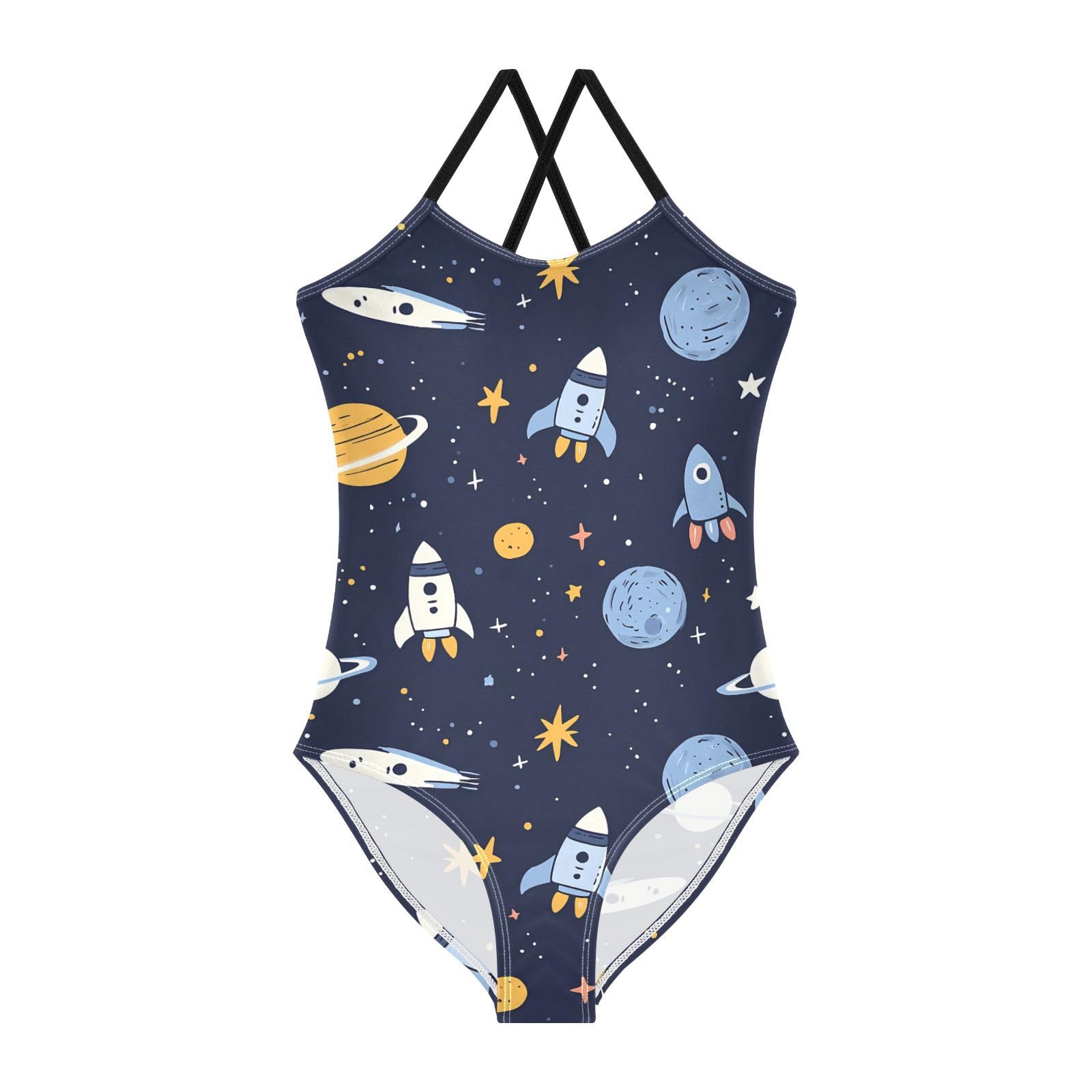 Rocket Planet Girls Swimsuits Quick Dry Crossback One Piece Beach Swimwear Bathing Suit, 9-10T Multicoloured