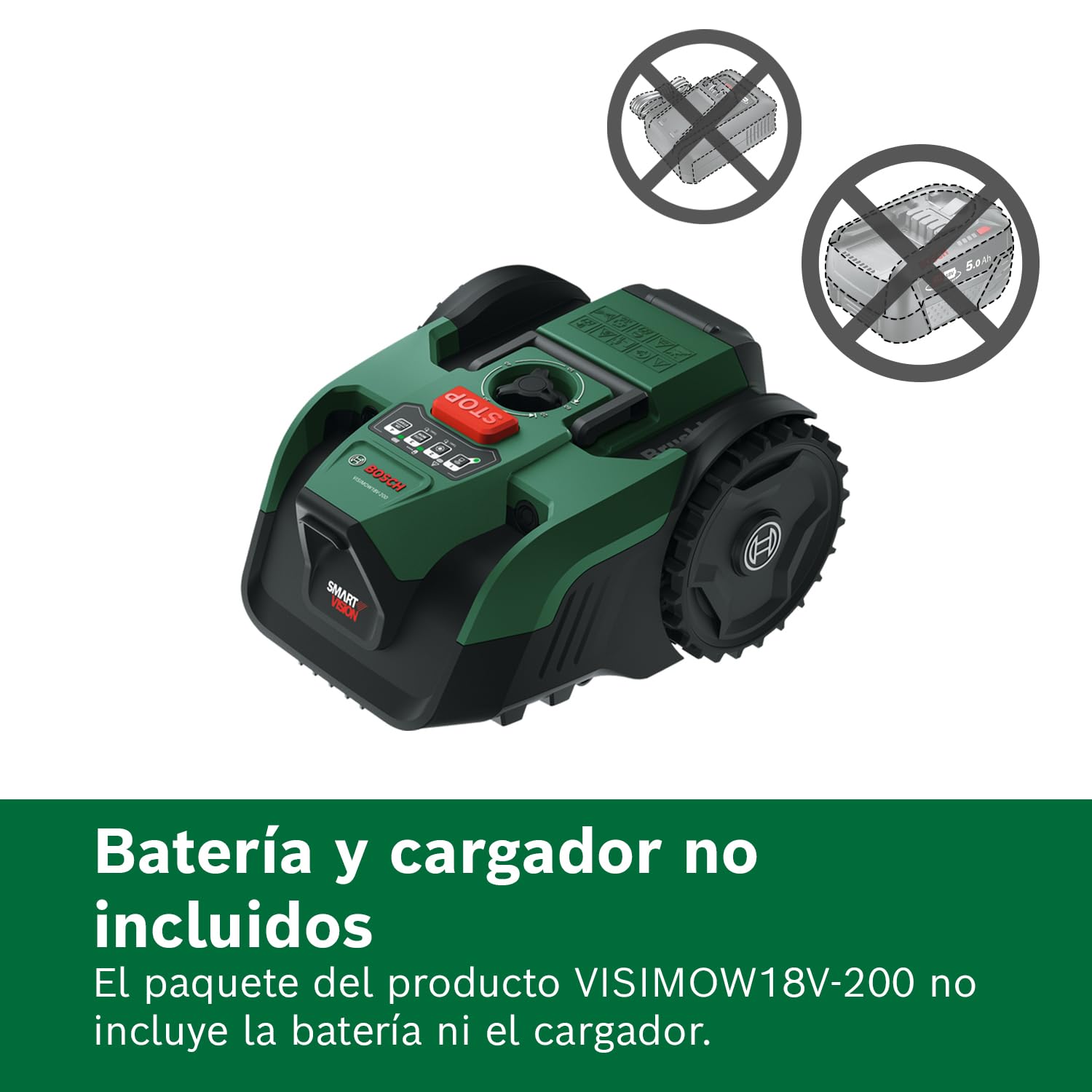 Robot cortacésped a batería VISIMOW18V-200 de Bosch (para superficies de césped de hasta 200 m², anchura de corte: 18 cm, altura de corte: 20-60 mm, sin batería)