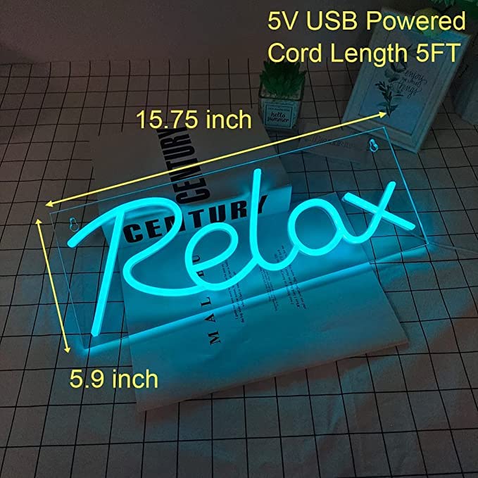 Image of VYNES RELAX LED Neon Signs Light LED Art Decorative Sign - Wall Decor /Table Decor, Home Decor for Wedding Party Kids Room Living Room House Bar Pub Hotel Beach (Ice Blue) Neon Signs