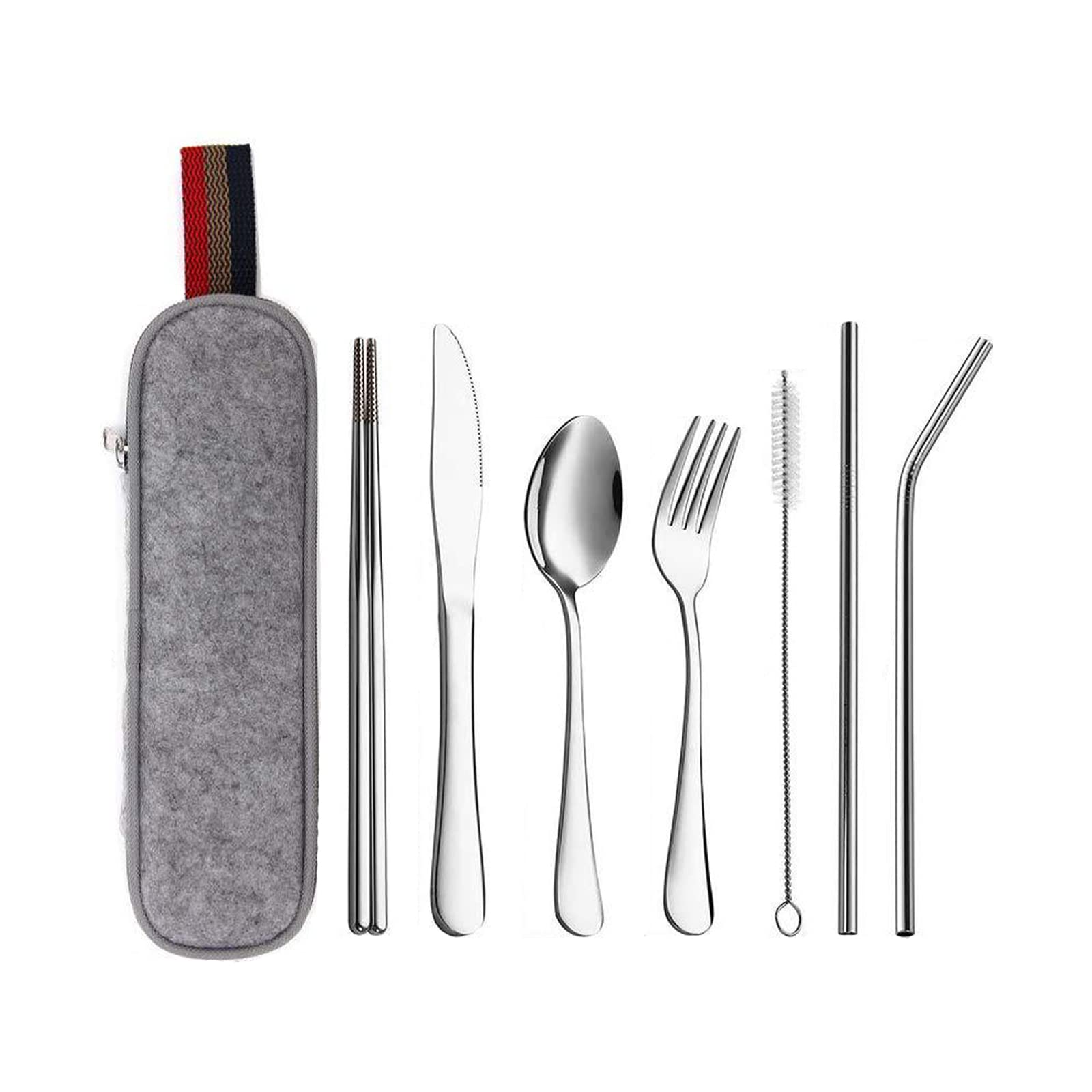 Portable Utensils, Reusable Travel Camping Cutlery Set,8-Piece Including Knife/Fork/Spoon/Chopsticks/Cleaning Brush/Straws/Portable Case(Upgraded Version, Gray)