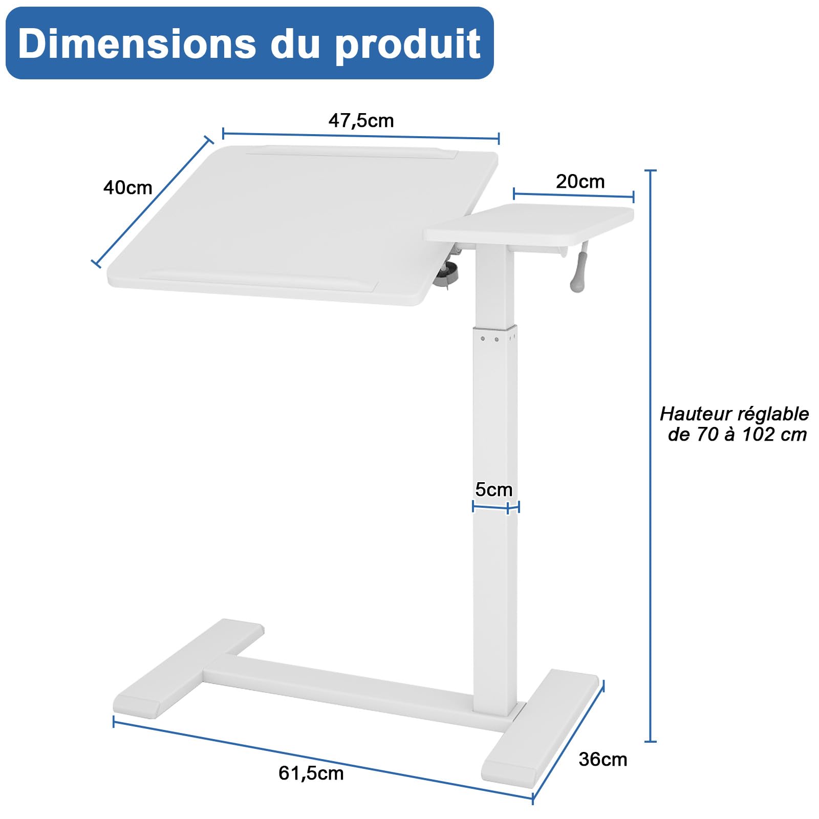 PUNCIA Table de Lit avec 4 Roues Cachées 68x40CM Bureau Debout (Blanc) | Mobile Médical Table d'Appoint Hopital Réglable en Hauteur 70-102cm pour Ordinateur Portable pour Chambre Salon Canapé