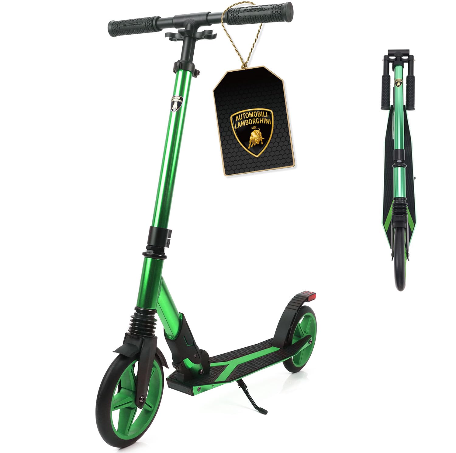 Lamborghini Kick Scooter for Kids Ages 8-12 - 200mm Big Wheels Foldable Scooter for Teens & Adult, Shock-Absorbing, Kickstand, Premium Aluminum City Scooters for Boys Girls, 220 lbs Max - Green