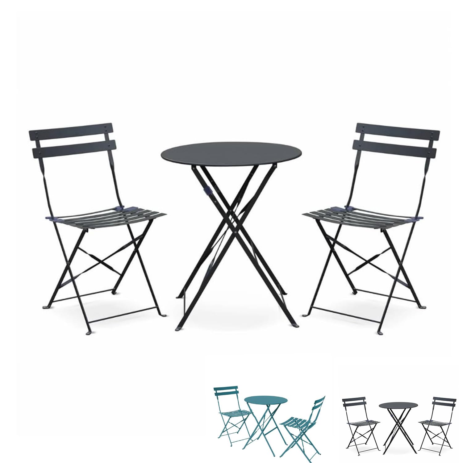 PALUPLUS Set da Bistrot 3 Pezzi, Tavolo TONDO Pieghevole 60x71 cm, 2 Sedie in Metallo 41x46x90 cm, per Balcone e Giardino, Design Retrò e Salvaspazio -7155F-15,8 (Grigio Antracite)