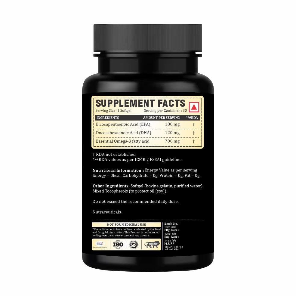Adorreal Omega-3 Fish Oil, 1000mg, EPA 180mg + DHA 120mg, High Potency Formula, 30 Softgels 1