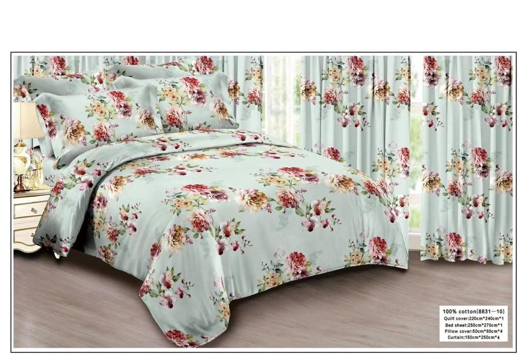 Living Room Duvet Covers Set with matching Curtains 4PCS, King Size, Pure Cotton Doll House Floral Design (CT3)