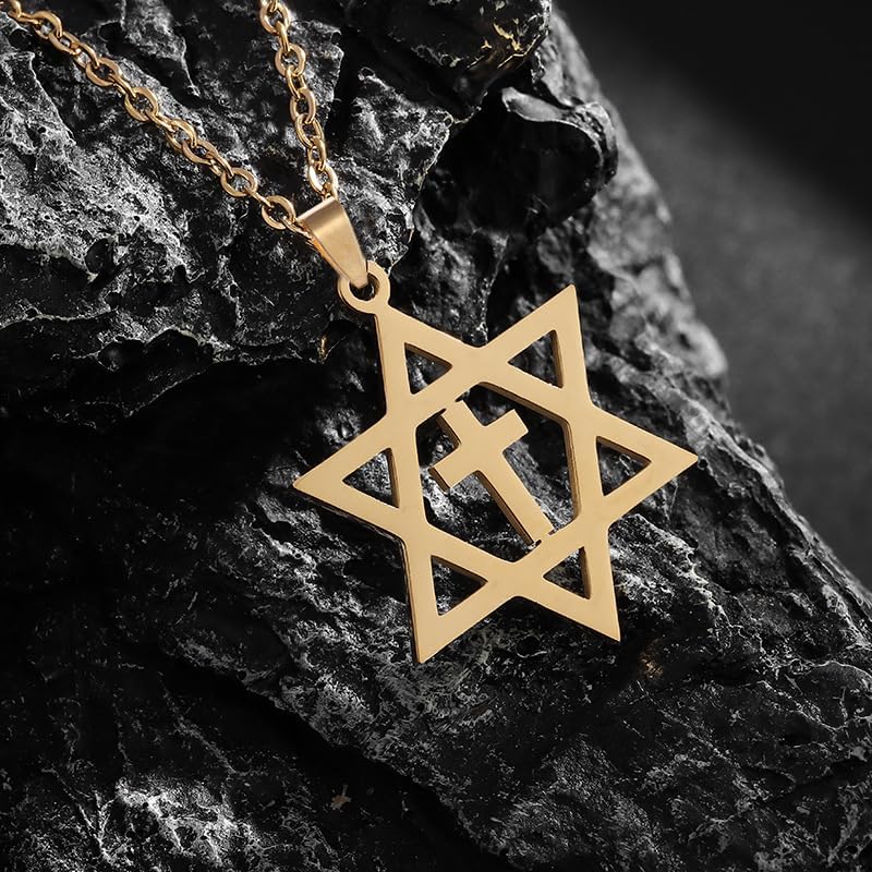 POYAMUSE Star of David Cross Pendant Necklace for Women Men - Stainless Steel Jewish Cross Necklace, Gold Silver Star of David Pendant Necklace for Women and Men - Image 3