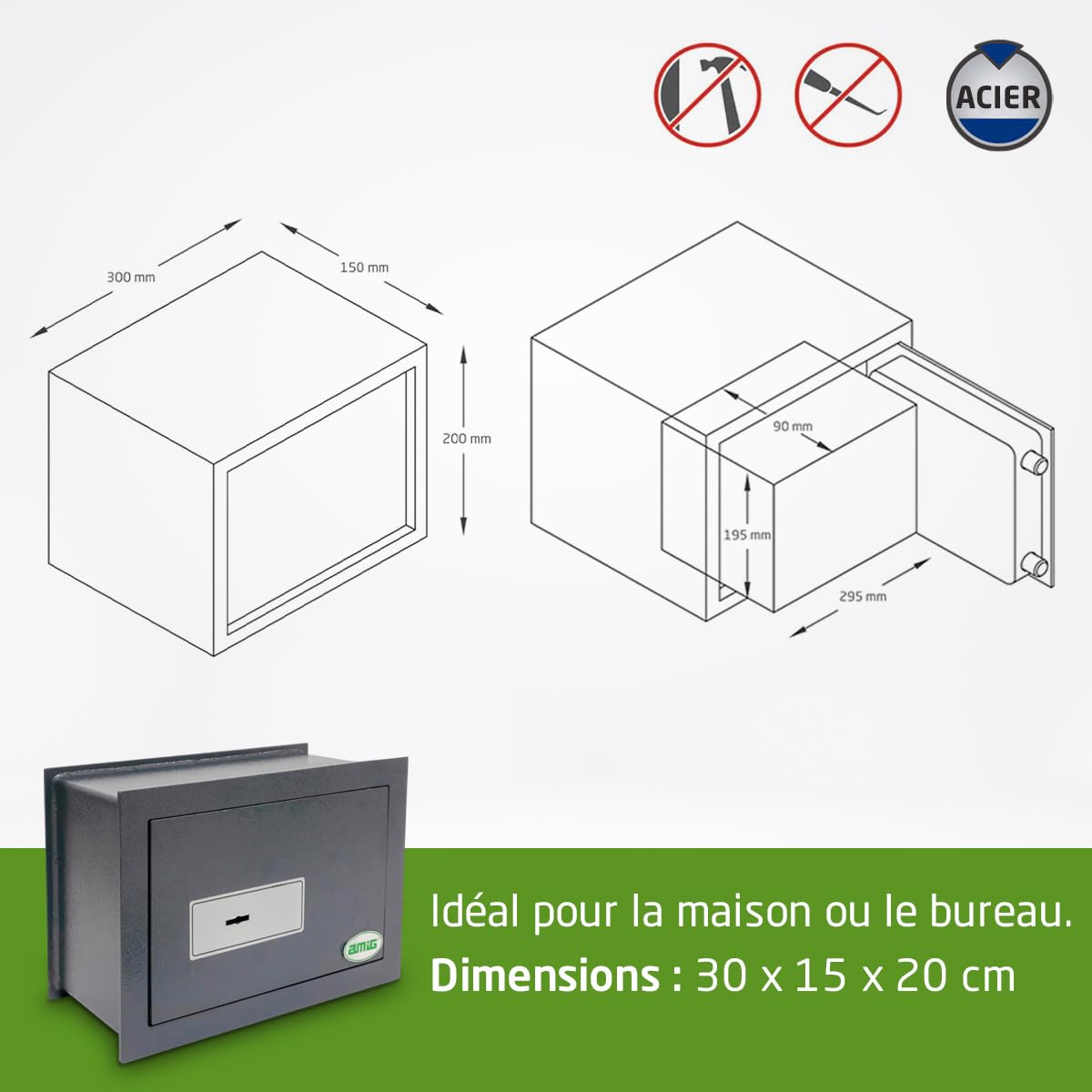 Amig - Coffre-fort à mortaise avec clé Gorja - Acier - Mur sûr, discret et sécurisé - Protection de l'argent et des valeurs - 30 x 15 x 20 cm