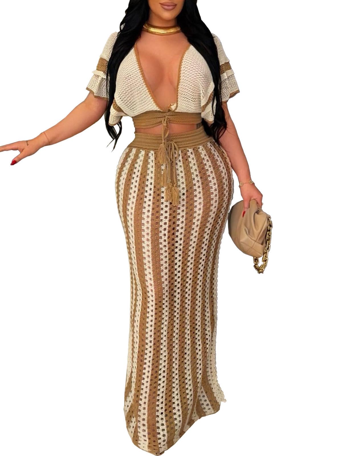 Crochet Skirt Sets Women 2 Piece Outfits Knit Striped Hollow Out Short Sleeve V Neck Drawstring Top Maxi Skirts Set