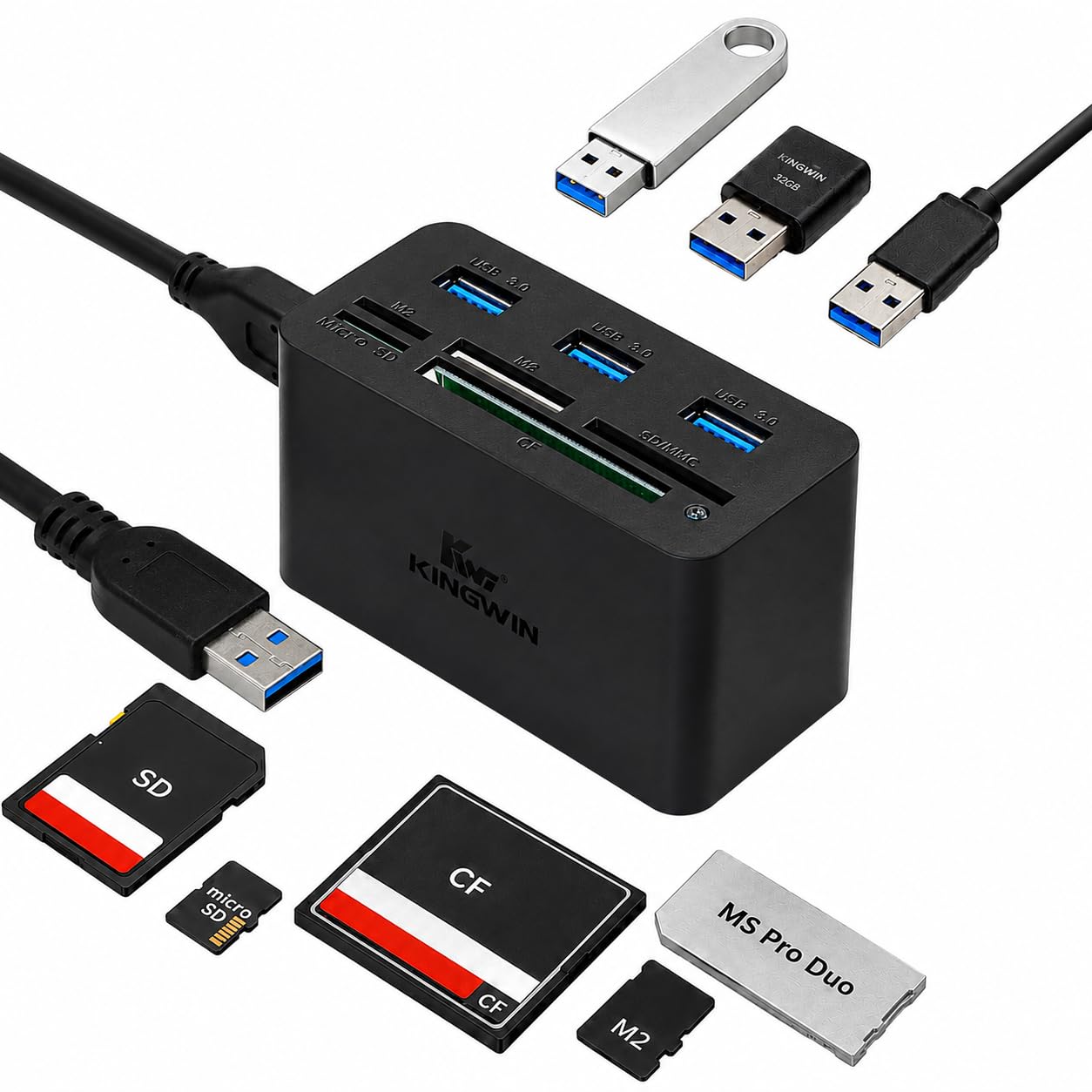 Kingwin USB HUB Adapter w/ Memory Card Reader Writer &amp; USB 3.0 HUB Combo - Supports High Speed SD MS Micro M2 CF Card Reader For Macbook, Laptop, Desktop - Includes USB Cable 5 Gbps Speed, Black