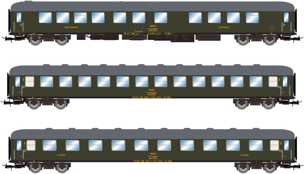 Electrotren HE4020 RENFE, 3-unit set Expreso Costa Brava, RRR-8000 + BB (new bodyshell) + BBL, olive green livery, ep. IV 1:87 Scale HO Gauge