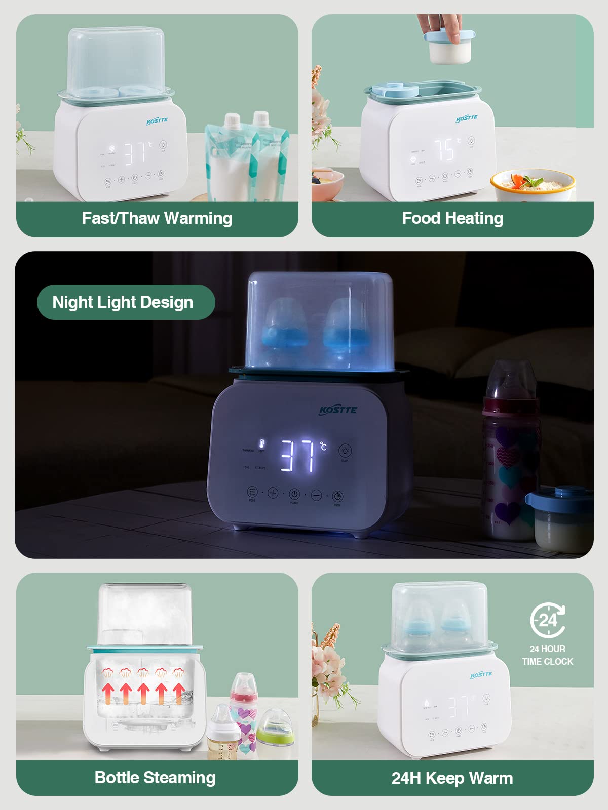 KOSTTE Scaldabiberon Riscaldamento rapido 10-in-1, Scaldabiberon Scaldabaschette per bambini, Scaldabiberon Elettrico Display a LED per Biberon Temperatura Scaldalatte Formula Riscaldamento Pappe Casa