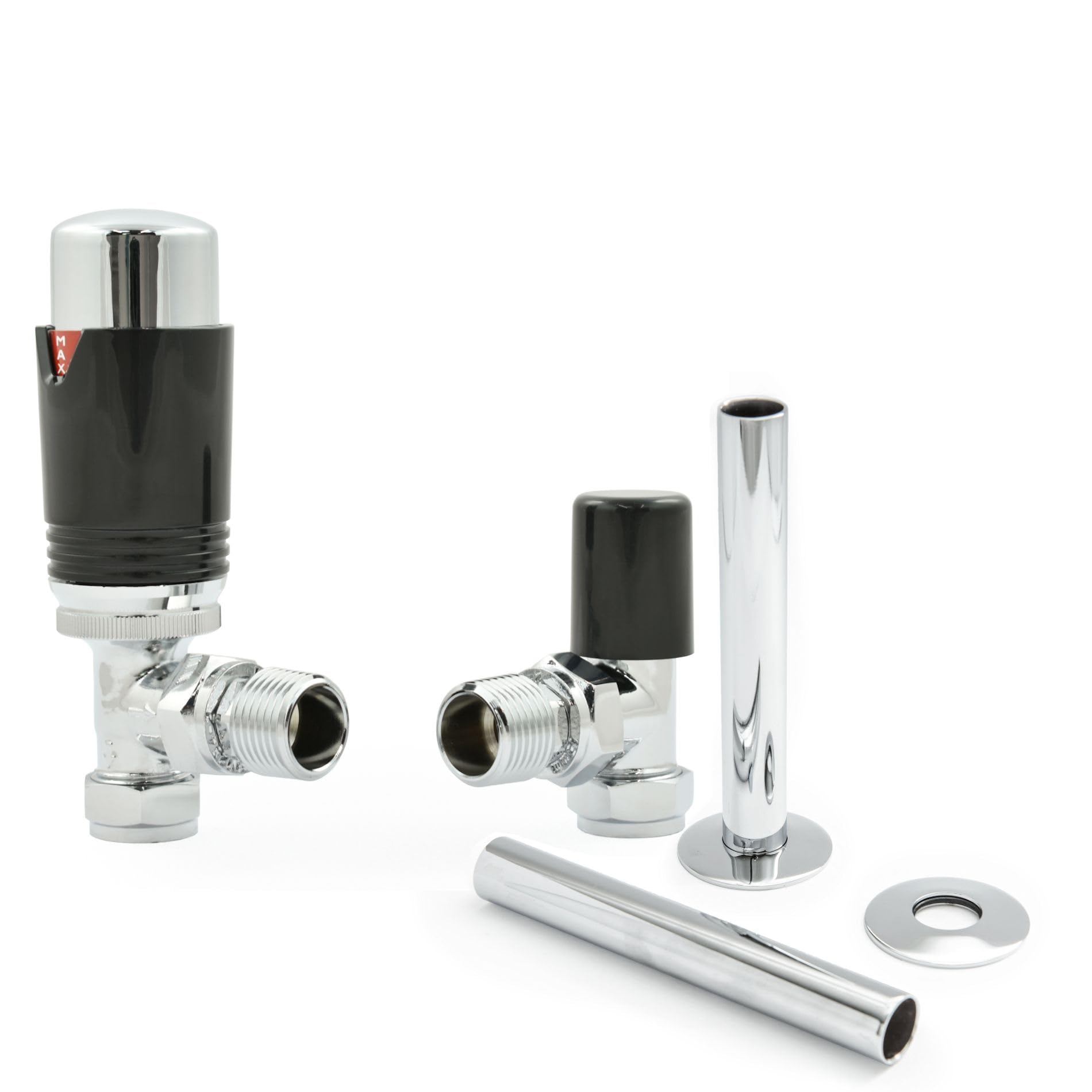 Hot Flow Chrome & Black Estuary Angled TRV Thermostatic Radiator Valve (Pair) Includes Angled TRV Body, Wheel Head