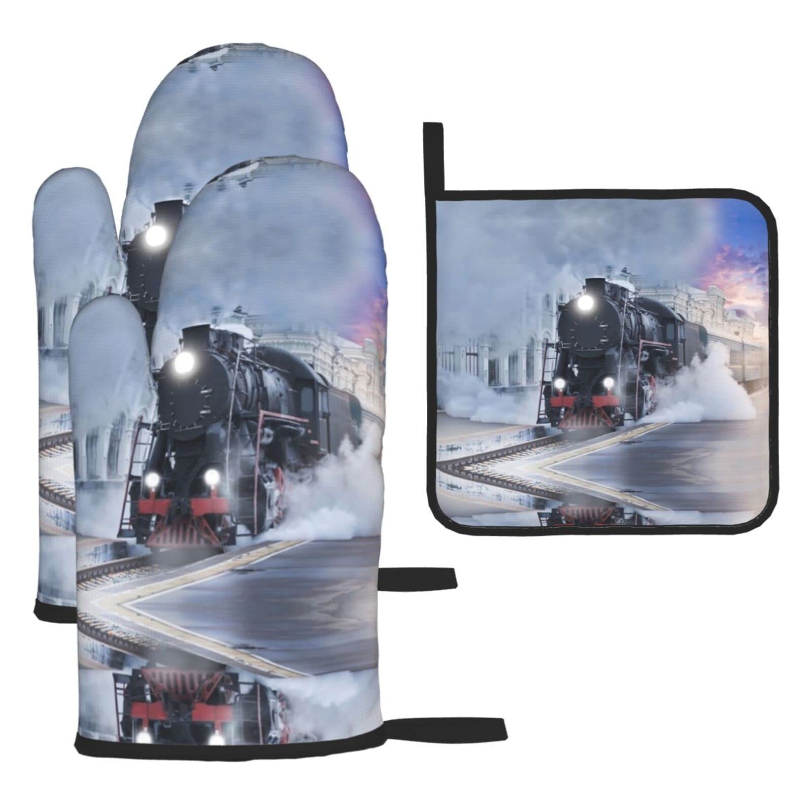 Steam Train Depart Sunset Oven Mitts and Pot Holder Kitchen Set for Grilling, Cooking, Baking, Heat Resistant