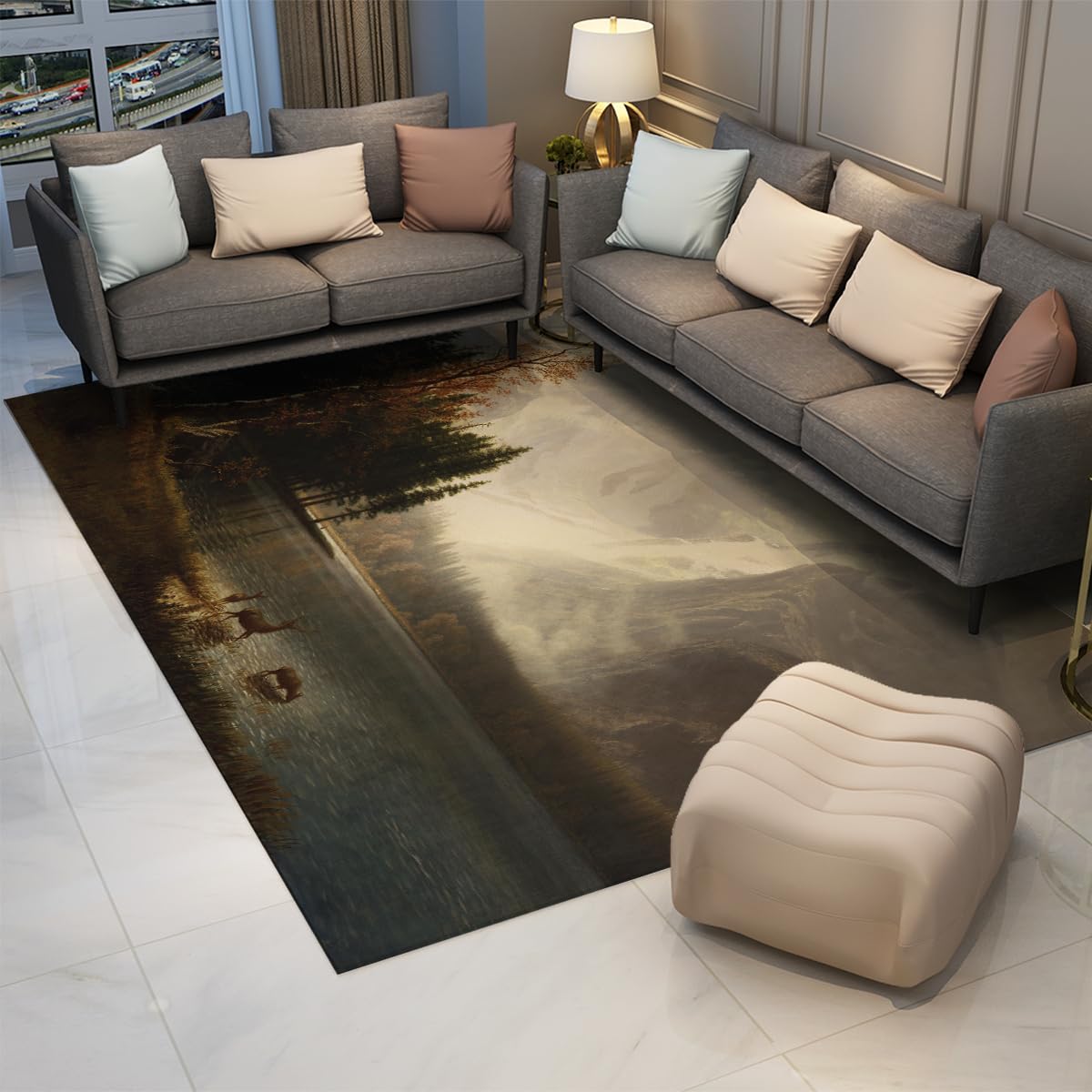Dywaniki z naturalnej scenerii do salonu, sypialni, 90 x 150 cm, zmywalne, jelenie, stad, gór i jeziora, nadruk, antypoślizgowy, kuchnia, pokój gościnny, miękki, duży dywan, 90 x 150 cm