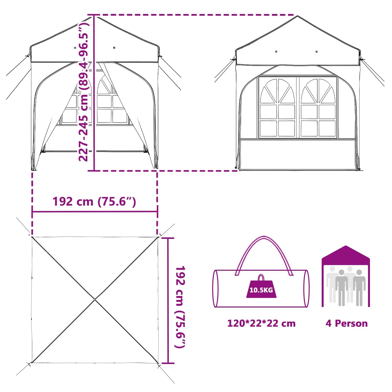 Pop-up Partyzelt 192 x 192 x 245 cm Creme mit 4 Seitenwänden höhenverstellbar für Garten Terrasse Balkon Outdoor Schutz bei Sommerfesten und Freizeitaktivitäten