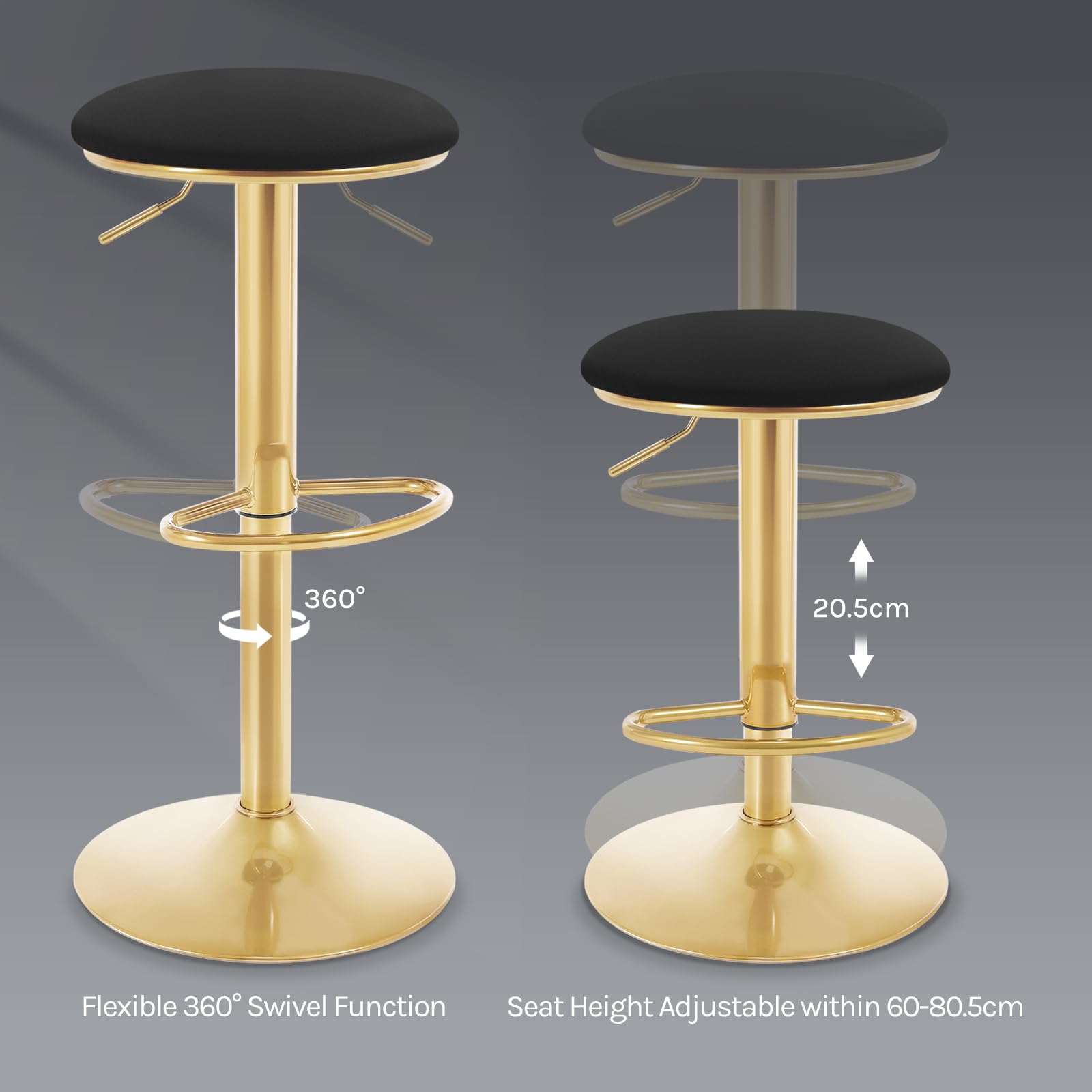 Lot De 2 Tabourets De Bar Pivotants WOLTU - Hauteur Réglable 61-82cm Velours Noir Avec Repose-Pieds