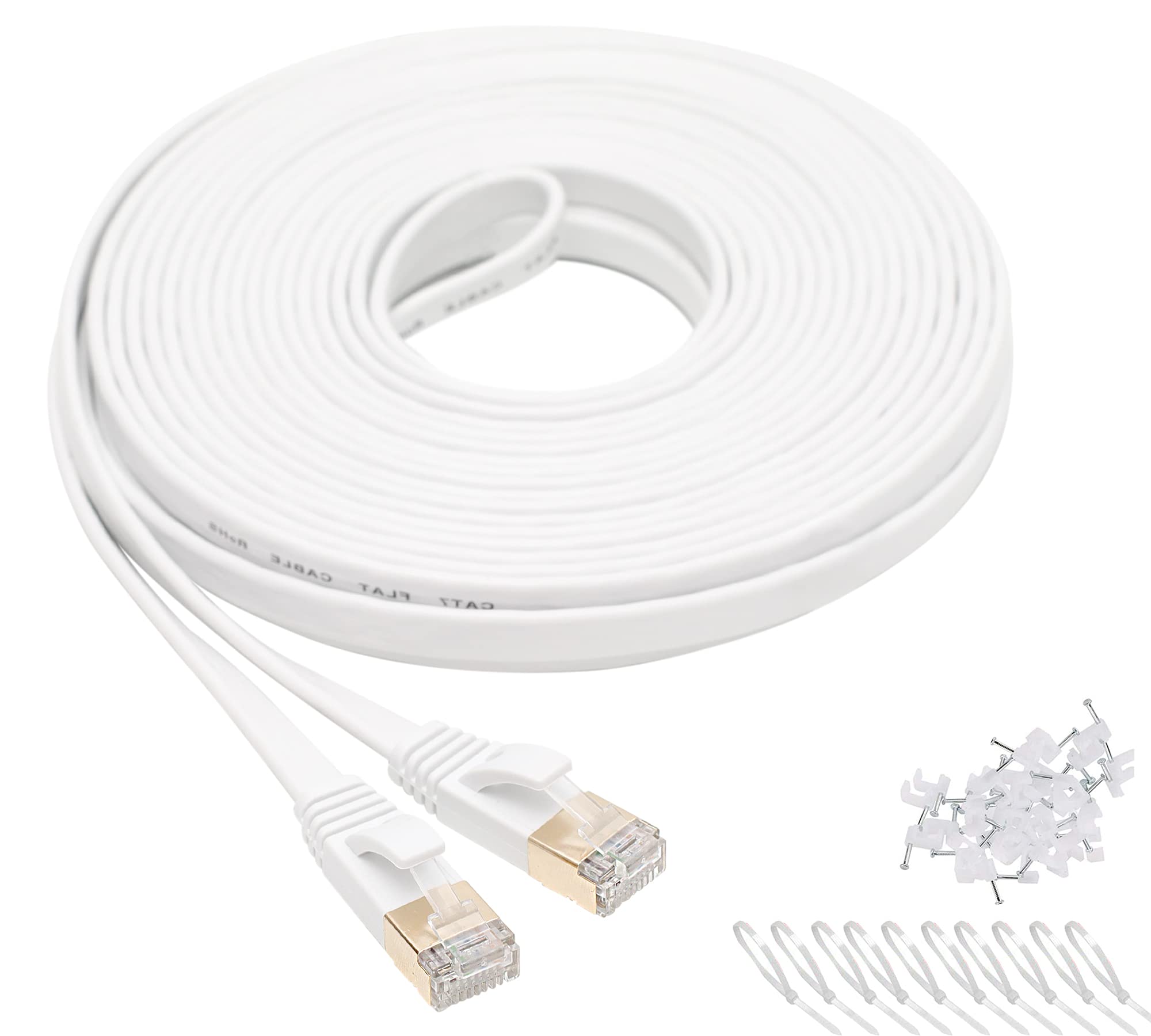 oriseey Cat7 Ethernet Cable White 15M High Speed 10 Gigabit 600Mhz, LAN Network Cables, Flat Cable With Gold Plated Plug (15M)