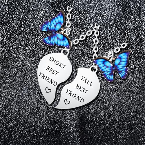 Funny Tall & Short Best Friend Heart Matching Pendant Necklace Set - 2PCs, Butterfly Charm, Perfect for Women - Bestie, Sister, Christmas & Birthday Gifts3