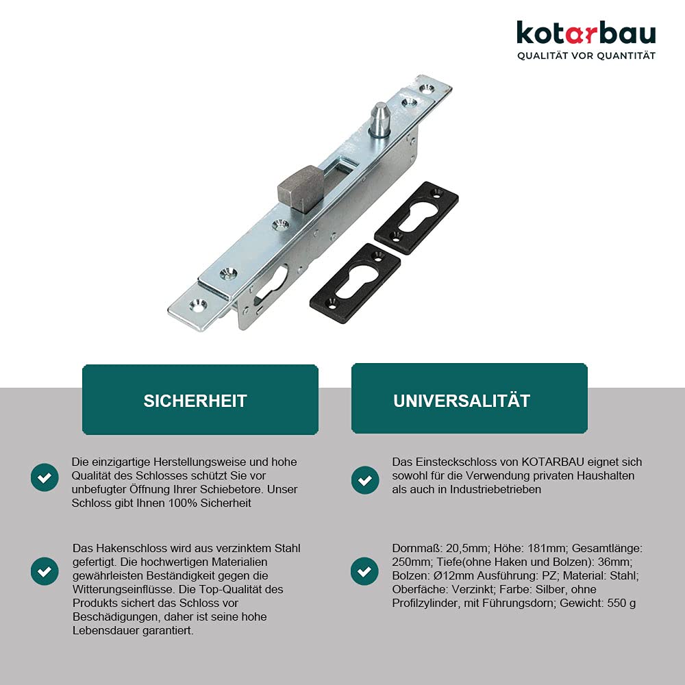 KOTARBAU® Cerradura para embutir para bombín, Cerraduras para Puertas correderas H-40, Cerradura de Gancho, Cerradura de Acero INOX, Cerrojo Pico de Loro en Acero, Herraje de Seguridad para Puertas