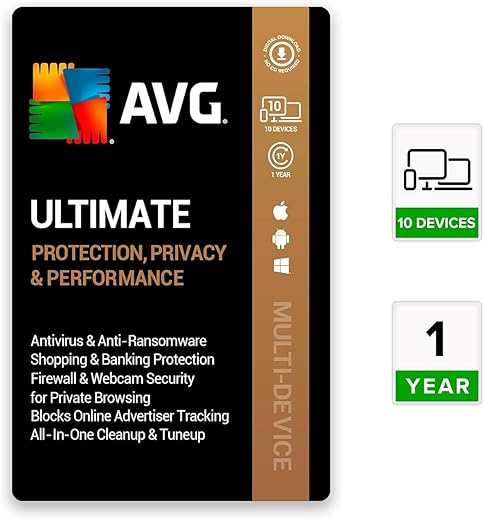 AVG Ultimate | 10 Devices 1 Year | Windows PC, Mac, Android & iOS | Includes Internet Security, TuneUp & AntiTrack | Email Delivery in 2 Hours