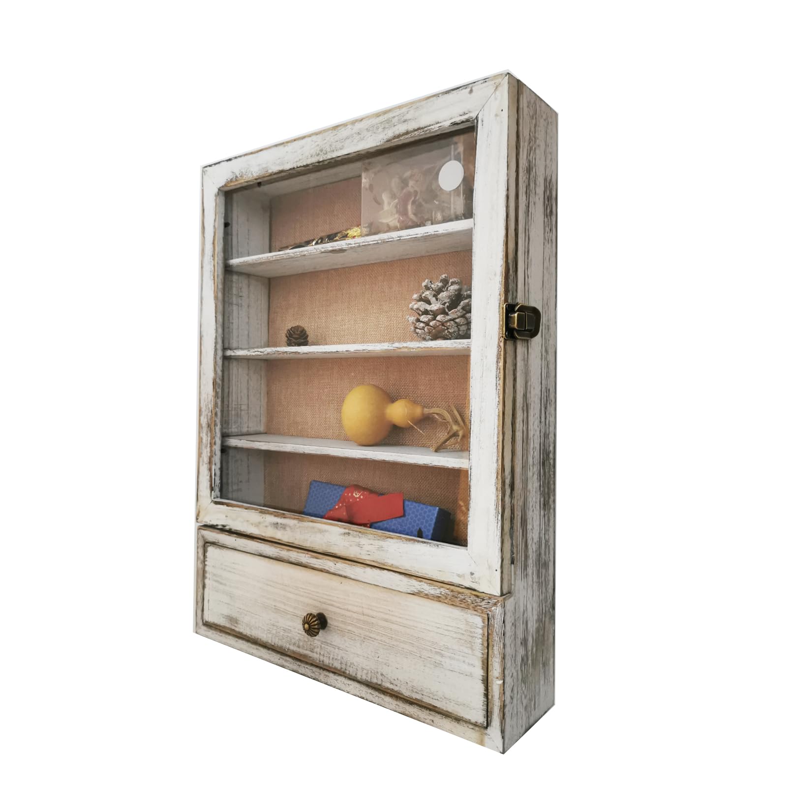 WANLIAN Shadow Box Frame11X16inch, 3 Removable Shelves Wood Shadow Box Display Case Line Back,Acrylic and Drawer, for Display Pictures, Medals, Bouquet on The Wall or Tabletop (White)