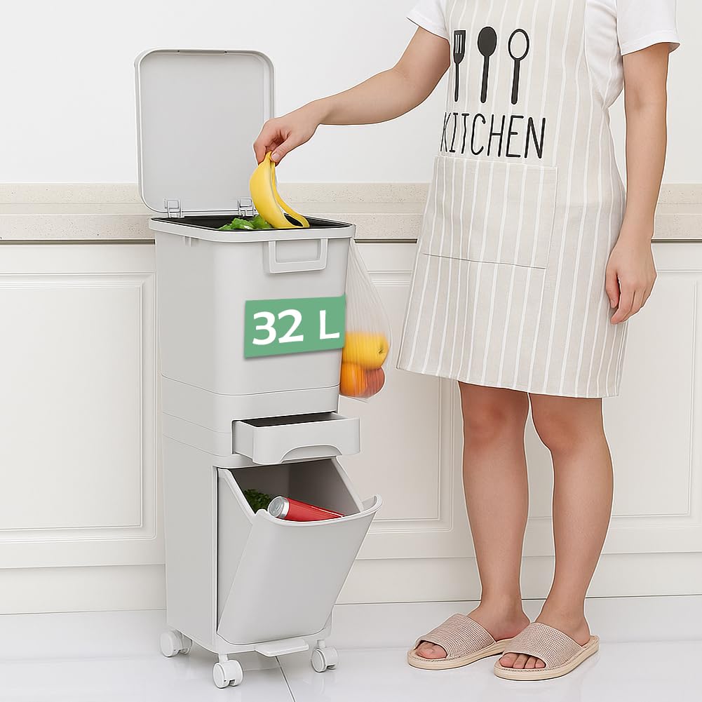 BAKAJI Pattumiera Alta e stretta da Cucina 32 Litri con Cestino Rimovibile per Spazzatura e Raccolta Differenziata, Design Salvaspazio, 1 Bidone a Ribalta + 1 Cassetto, 26 x 36 x 84H cm (32 Litri)