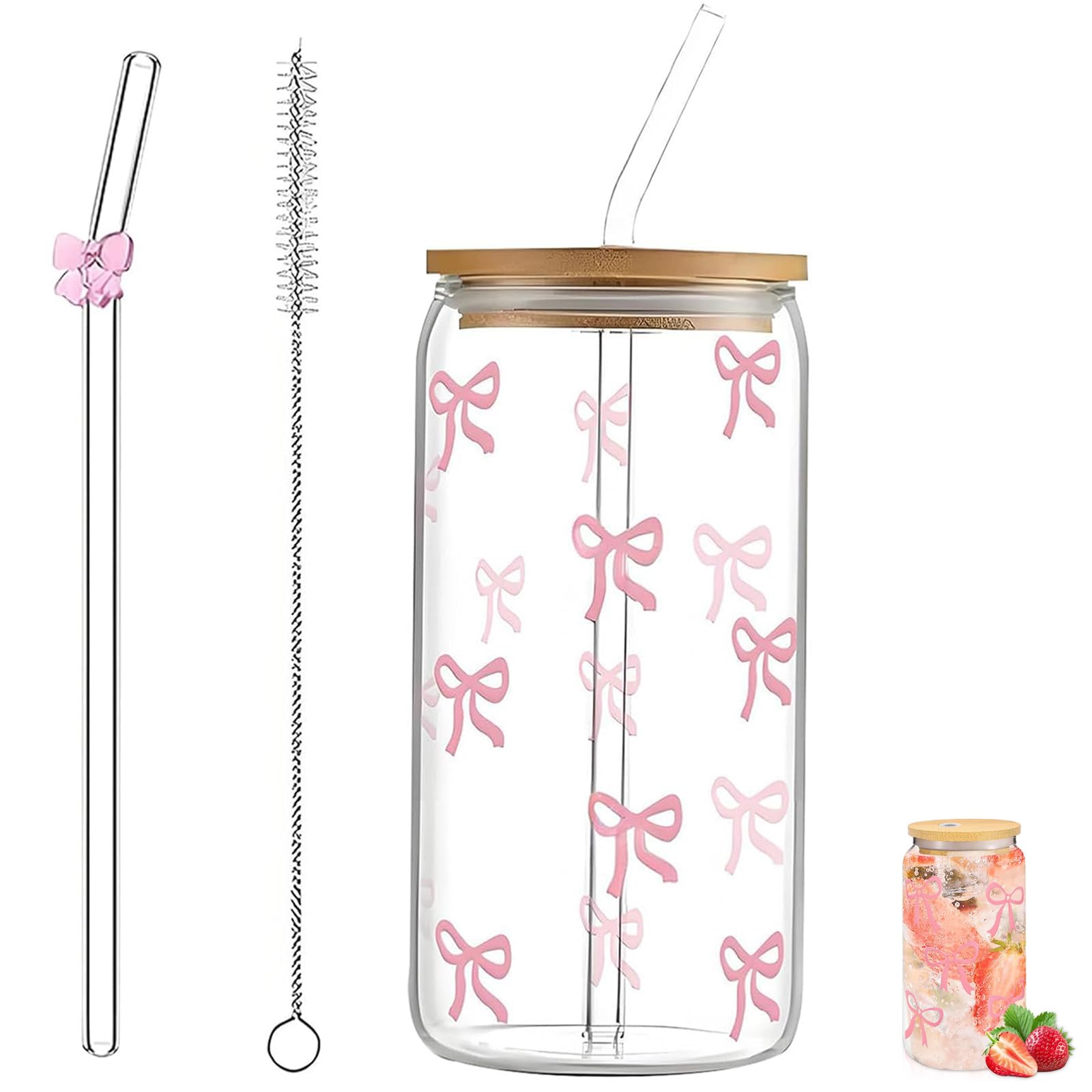 Novastream 4 Pcs Glass Cup Set with Lid and Straw, 500ml Cute Matcha Glass, Iced Coffee Tumbler with Bow Straw, Bubble Tea Glass Cups for Smoothie, Milk, and Cold Beverages