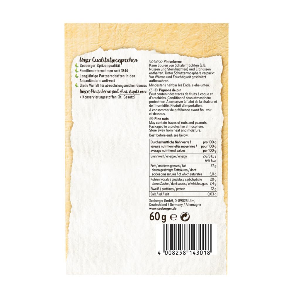 Seeberger Pinienkerne würzig-fein 15er Pack: Saftige, handverlesene Pinienkerne zum Kochen - nussiges Aroma - cremig und würzig-fein im Geschmack - naturbelassen, vegan (15 x 60 g)