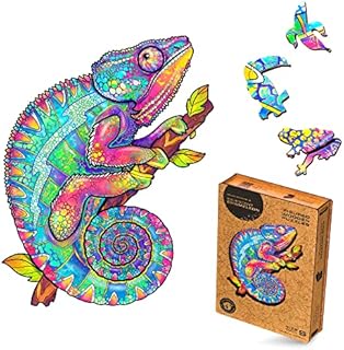UNIDRAGON Original Wooden Jigsaw Puzzle - Iridescent Chameleon, 107 pcs, Small 7.5"x9.5", Unique Animal Shaped Puzzle Box, Birthday Gift Idea for Kids, Adults, Girls, Boys, Family Game and Hobby