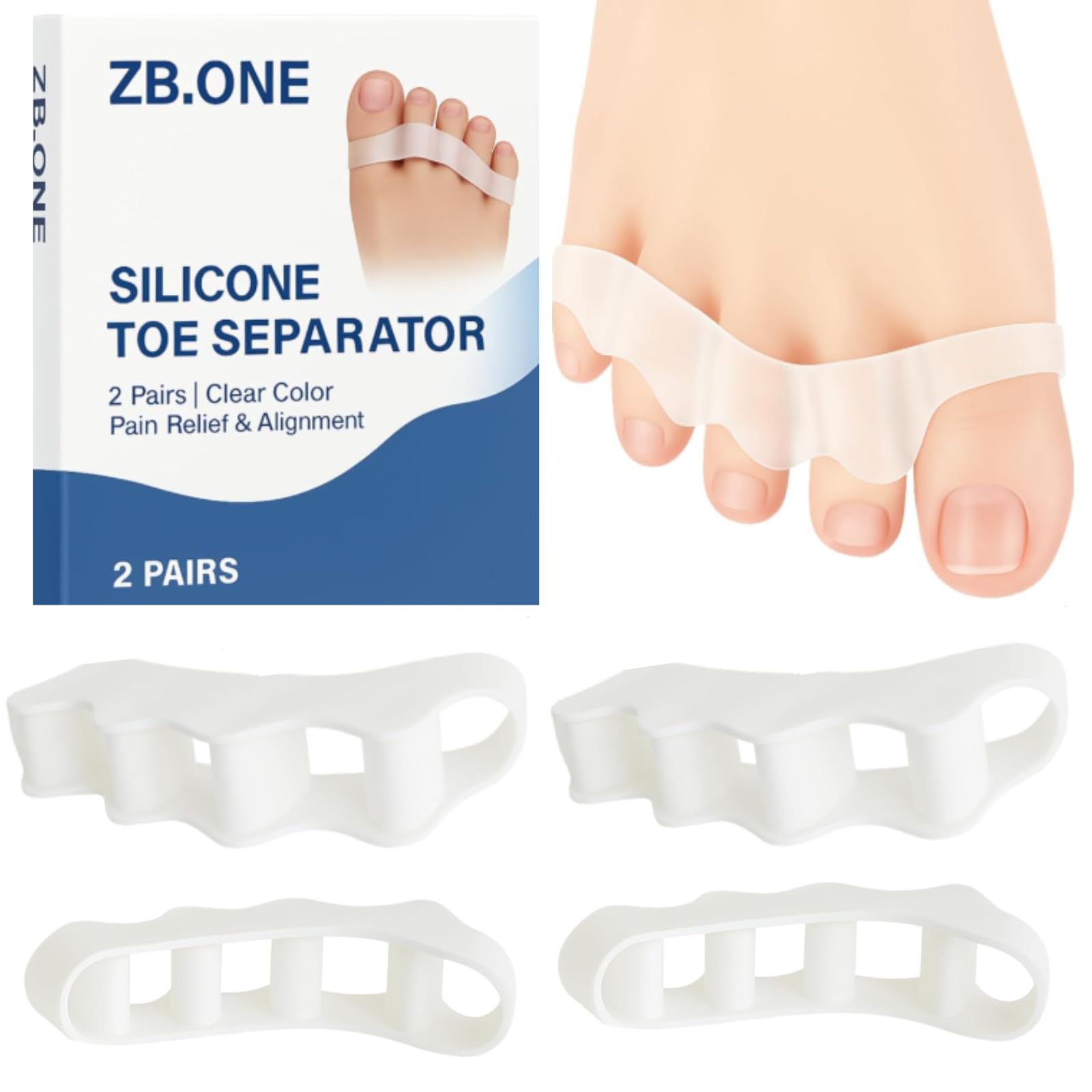 ZB ONE Toe Separators for Women Men Soft Silicone Toe Spacers for Gentle Alignment Bunion Support Hammertoe Relief