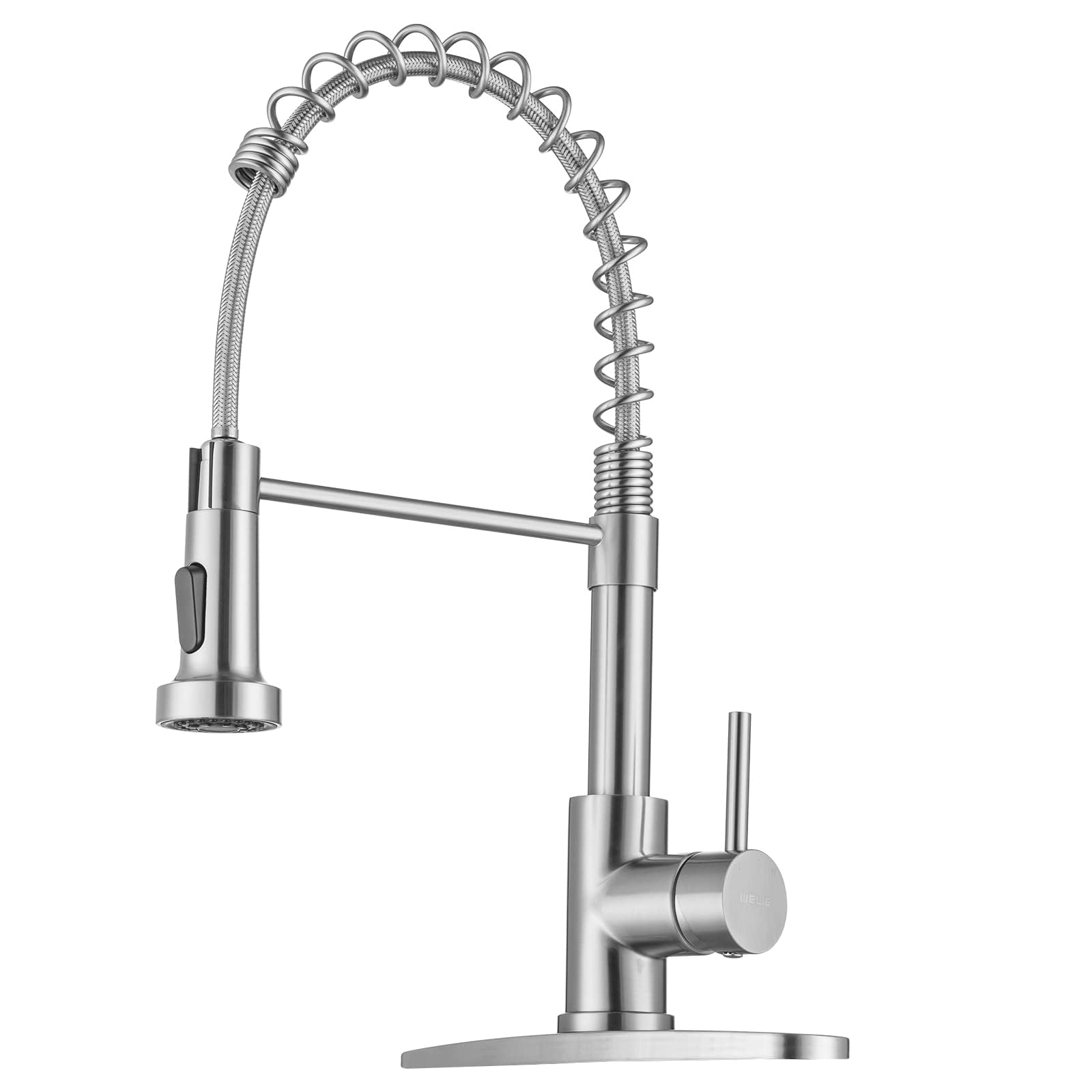 WEWE Brushed Nickel Kitchen Faucet with Pull Down Sprayer, Single Handle Stainless Steel Sink Faucet with Deck Plate, 1 or 3 Hole Faucet for Kitchen, Laundry and RV