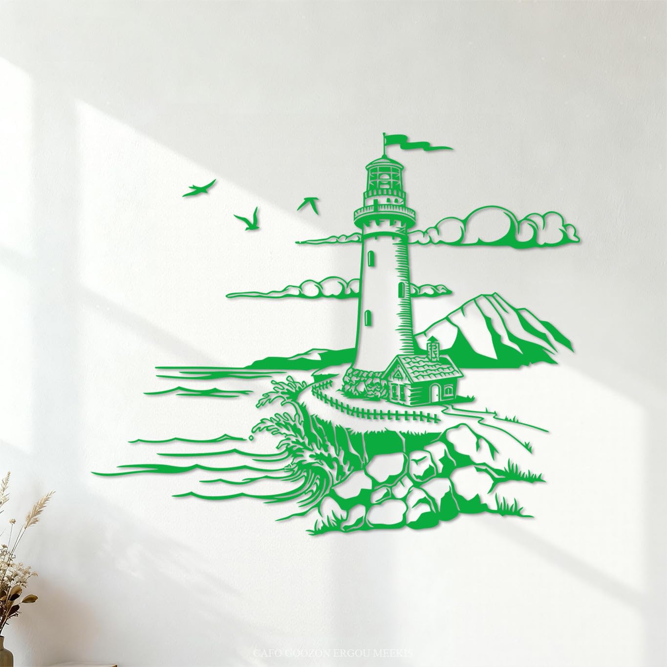 Wall Decals Paster Paper Cartoon Lighthouse Seaside Bird Travel Bathroom Adventure Exploration 42x51cm Store Decoration Green — image 1