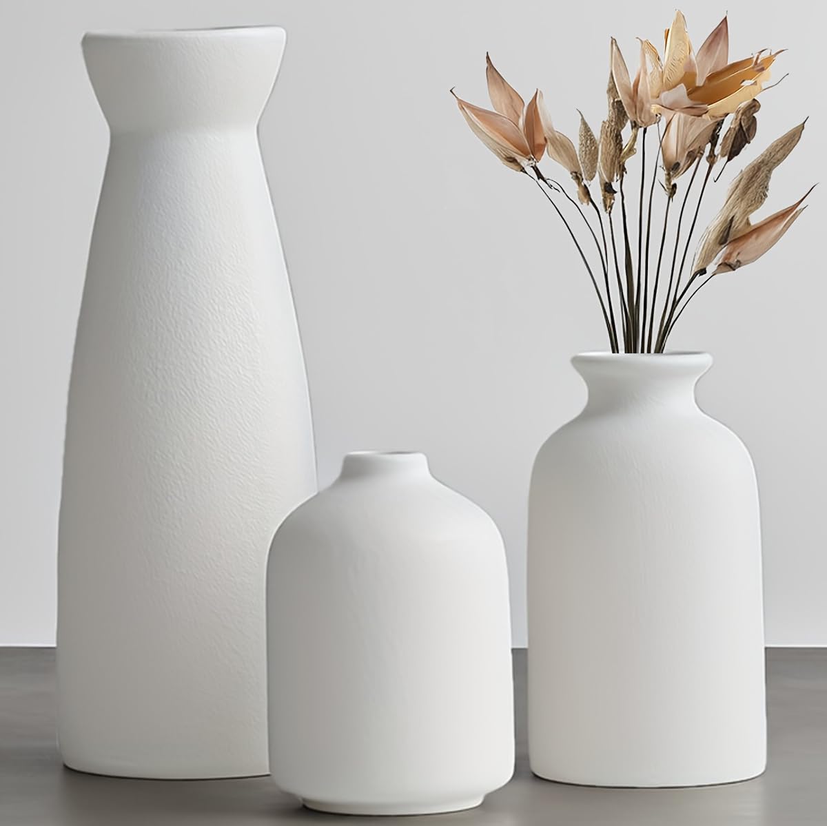 Distressed Ceramic Vase Set of 3, Modern Bohemian Farmhouse Home Decor, Pampas Grass Dried Flowers Vases for Living Room, Dining Room, Bedroom, Kitchen, Bathroom, Office, Entryway (White)