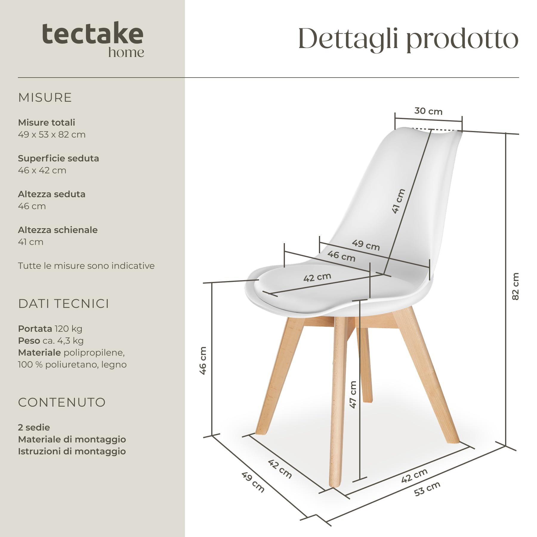 tectake® Set di 2 Sedie da Pranzo, Design Ergonomico, Perfette per Sala da Pranzo e Cucina, Struttura Stabile, Seduta Confortevole, Facili da Pulire - Bianco