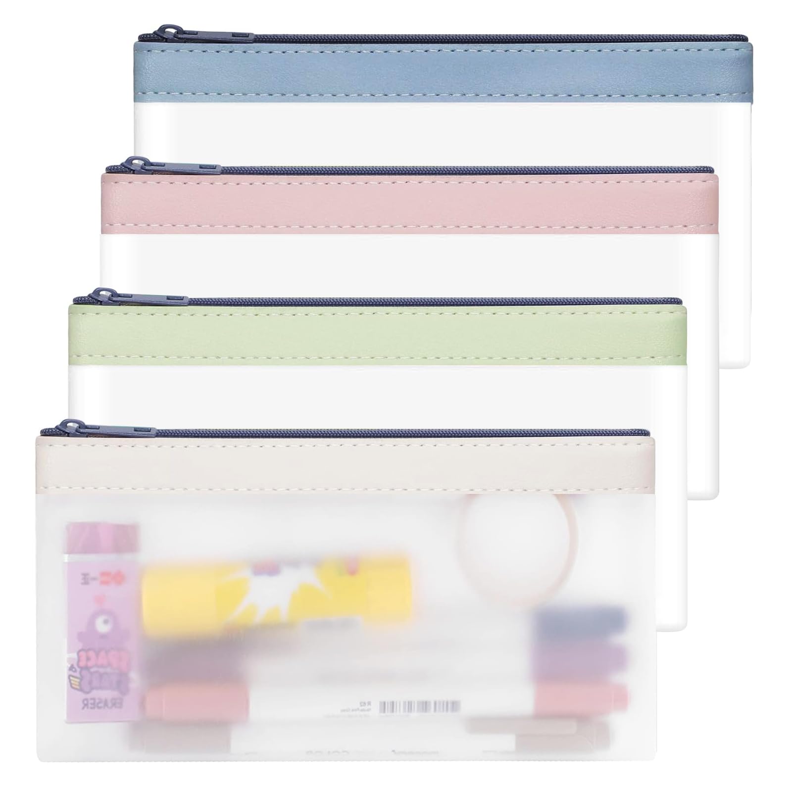 4 Piezas Estuche Transparente Escolar, Estuche de Lápices Transparente, Bolsa de Lápices Transparente de TPU con Cremallera Impermeable para Escuela Hogar Oficina y Viajes para Estudiante y Adulto