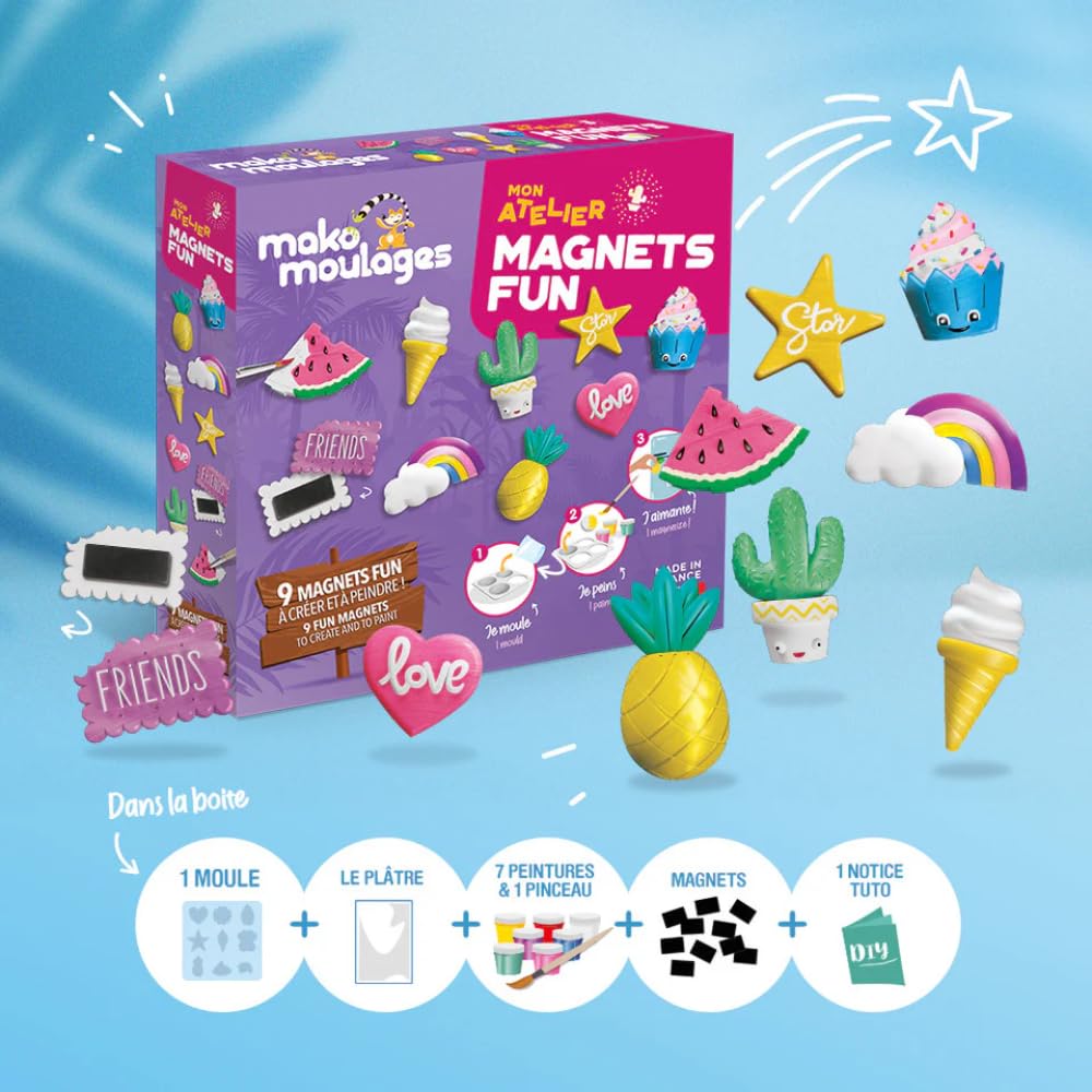 Mako Moulages – Mon Atelier Magnets Fun – kit de Loisirs créatif - Plâtre et Peinture – 9 empreintes en plastiques – Activité Manuelle - Made in France - A partir de 5 Ans – 39119