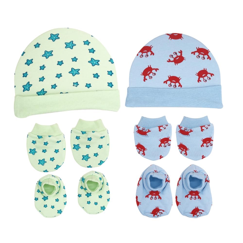 Secure Steps Mittens Cap and Booties Set for New Born Baby Pack of 2 | 100% Cotton Baby Mittens Set 0 to 6 Months | Soft Anti-Scratch Caps Mittens and Booties Newborn | Cute Designs | Boys & Girls