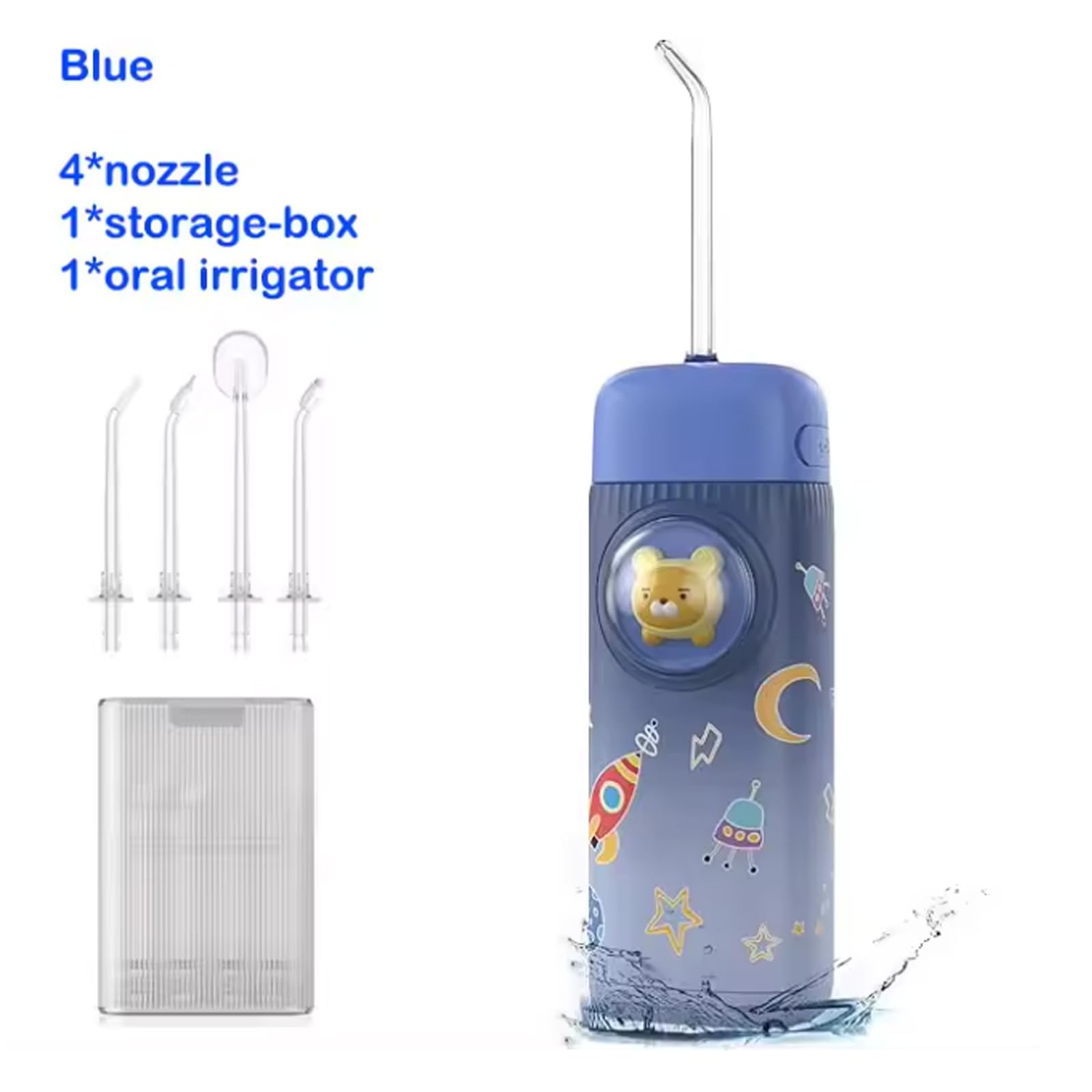 Idropulsore per bambini, 2 modalità, portatile, per denti, 120 ml, IPX7, impermeabile, con 4 ugelli sostituibili, blu