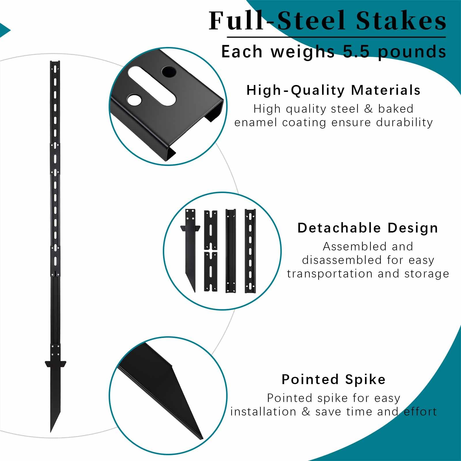Poste de cartel, estaca de metal, soporte de letreros resistente, poste de letreros con agujeros, estaca de patio resistente al óxido y duradera para suelo exterior (negro, 1,8 m x 1)