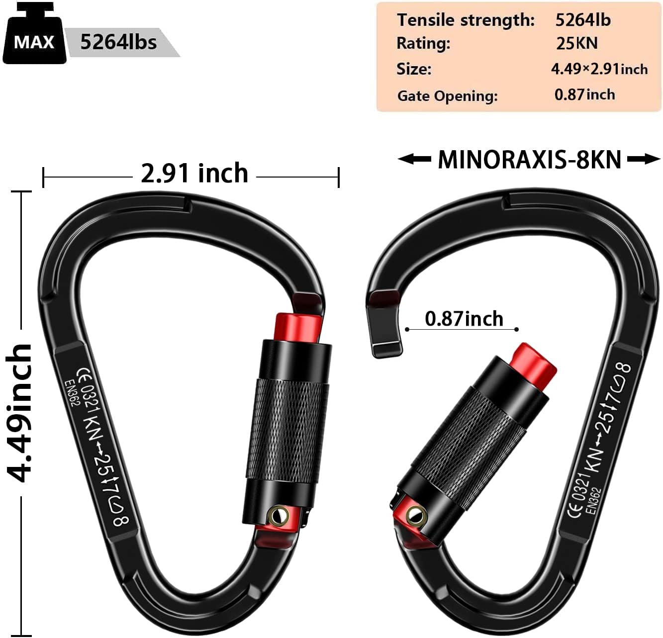 Auto Locking Carabiner Heavy Duty Carabiner 25kN UIAA Certified Climbing Carabiner Climbing Equipment Safety Carabiner for Rappelling, Hammocks, Rescue, Dog Leash, Swing : Everything Else