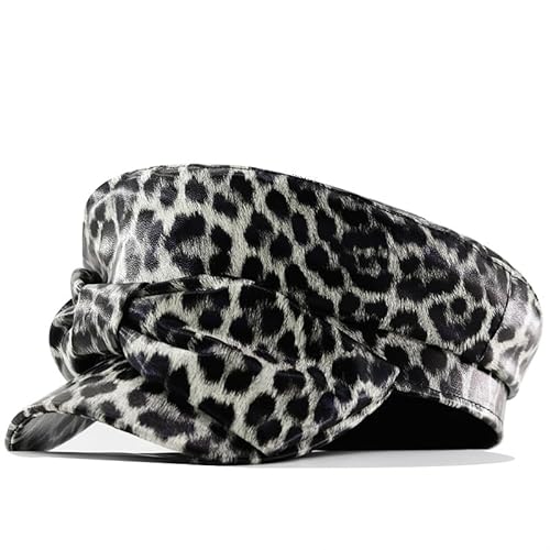ZSKunity Bow Decor PU Leather Leopard Print Painter Hat Adjustable Drawstring One Size Fashion Retro Versatile Hat (Grey,Medium)