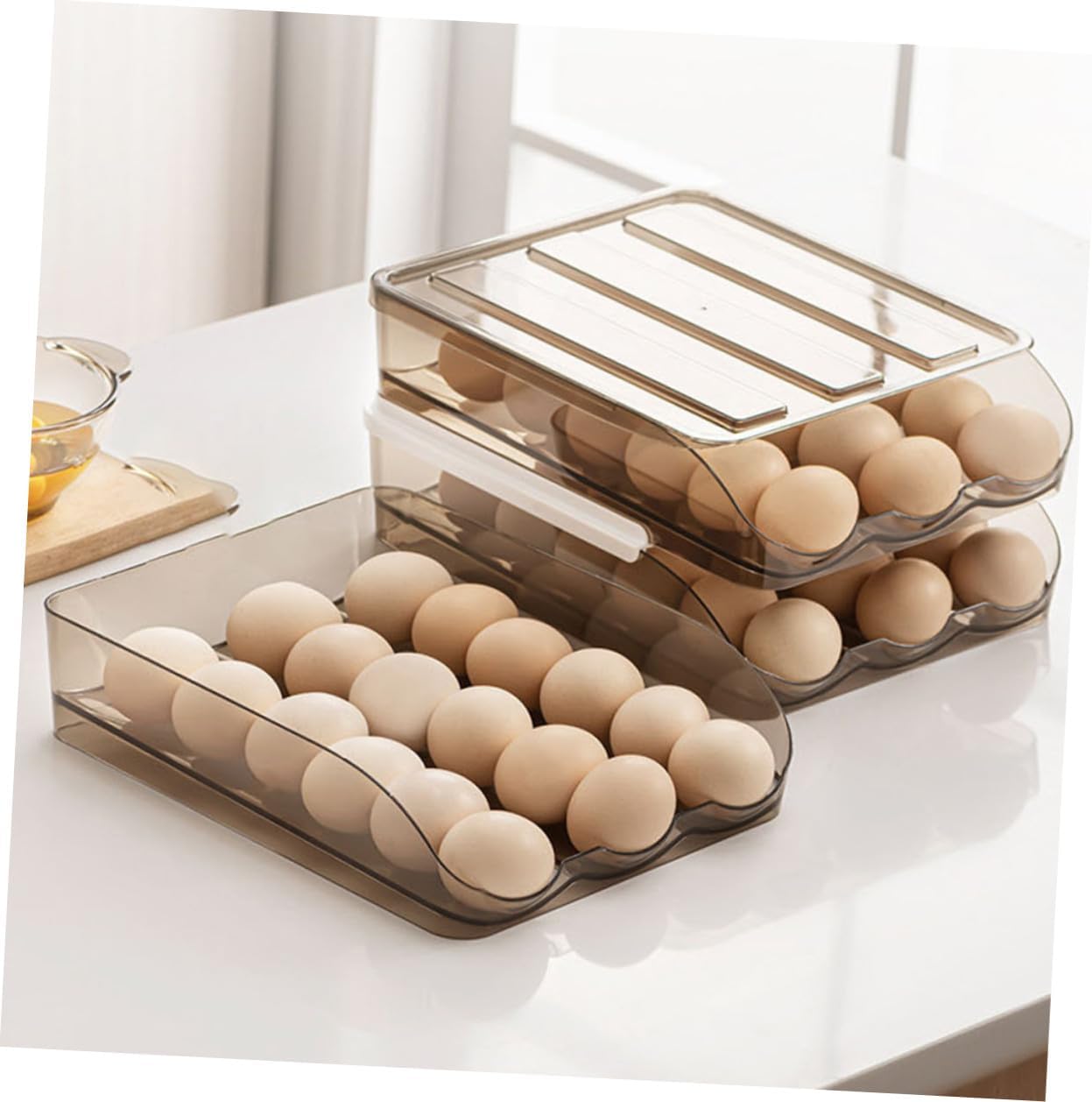 2-layer Plastic Egg Holder for Refrigerator, Auto Scrolling Egg Storage Box with 36-egg Capacity, Multi-tier Fridge Organizer Tray for Kitchen Storage