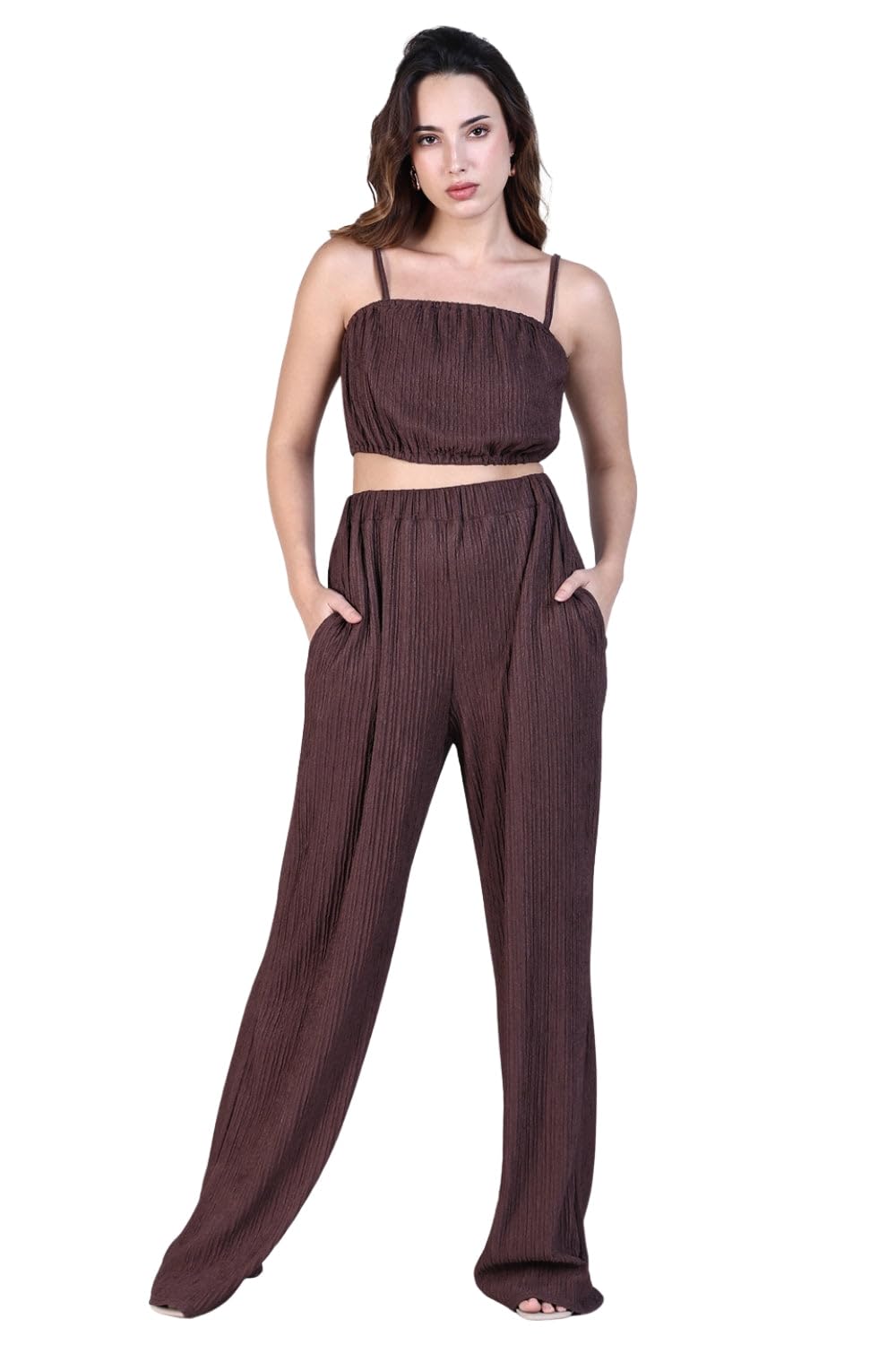 showoffff Edition Women's Textured Brown Crop Top with Pants Co-Ords Set-038_Brown-P-picture-10