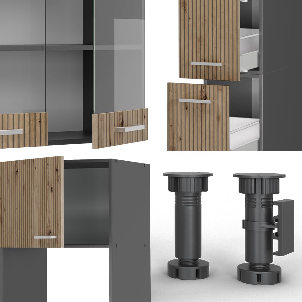 Vicco Cuisine R-Line, Chêne Artisan/Anthracite, 350cm avec Armoire Haute, PT Anthracite, adapté à Une Extension Flexible avec des modules supplémentaires
