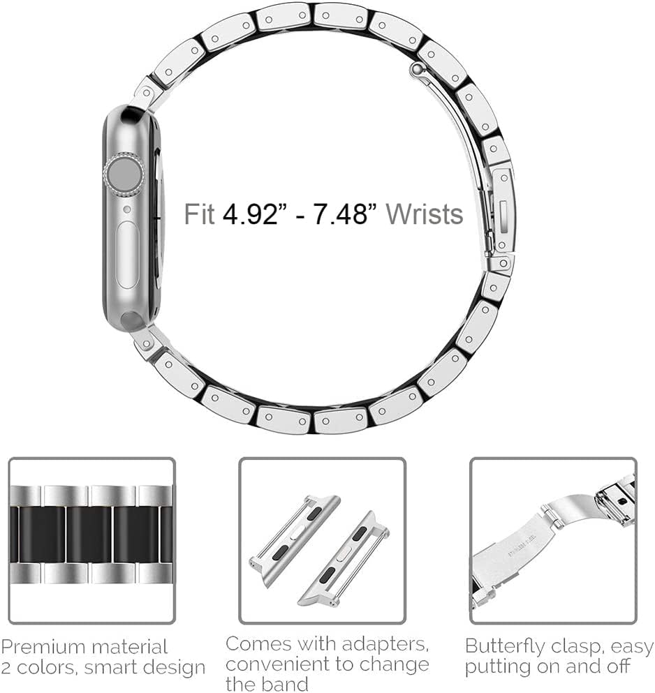 Wearlizer Compatible with Apple Watch Bands 38/40/41/42mm Mens Womens Replacement Strap Silver Stainless Steel & Black Resin Wristband Fashion Metal iWatch Series 11 10 9 8 7 6 5 4 3 SE/Ultra 3 2 1 - Image 6