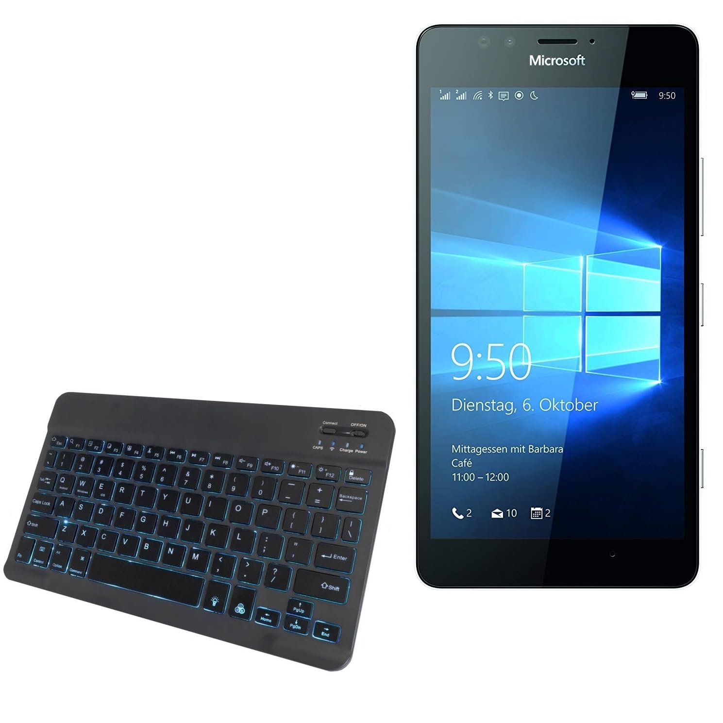 BoxWave Keyboard Compatible with Nokia Lumia 950 - SlimKeys Bluetooth Keyboard - with Backlight, Portable Slim LED 7 Colors - Jet Black