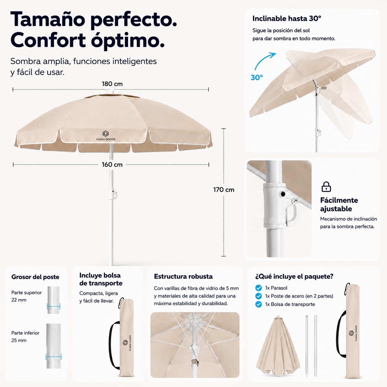 Fleau Set de playa protección solar 175 cm - Set de sombrilla - Incluye base y funda - Set de playa con esterilla de playa